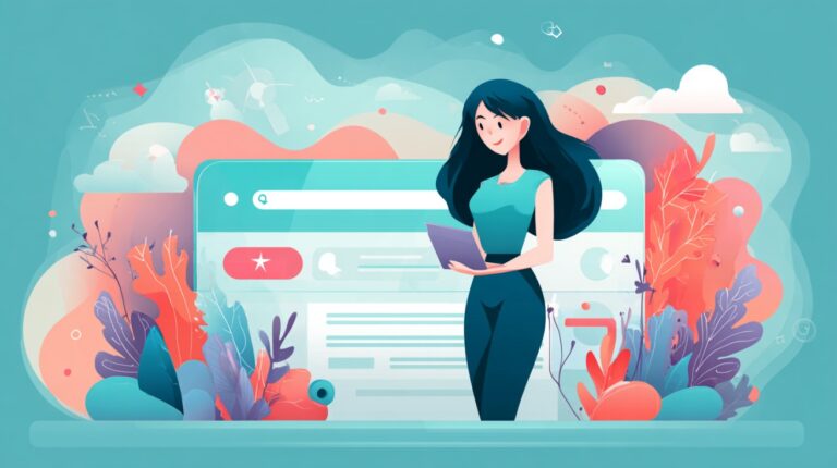 Ilustracija žene koja stoji ispred ekrana računara s otvorenim pretraživačem, okružena šarenim apstraktnim elementima koji simbolizuju kreativnost i digitalni prostor