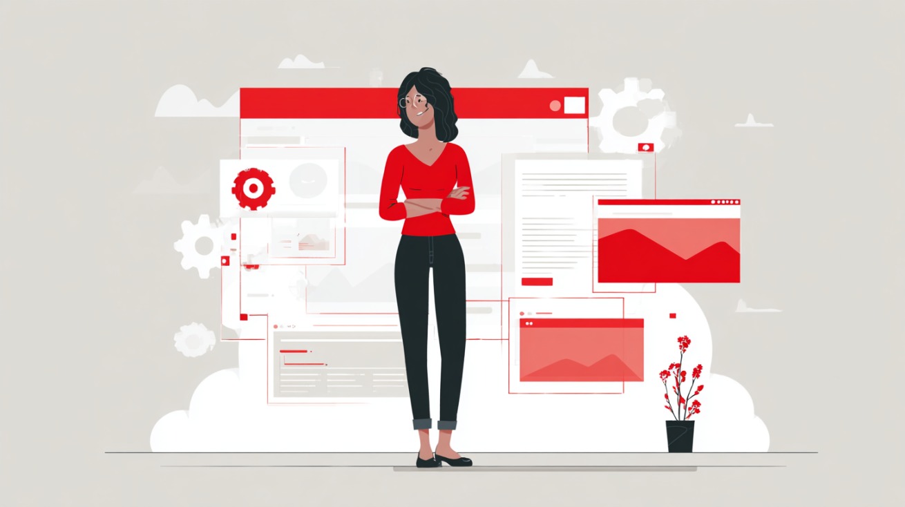 Ilustracija žene u crvenoj majici koja stoji ispred apstraktnih prikaza veb-stranica i ikonica, simbolizujući proces izbora i dizajna domena