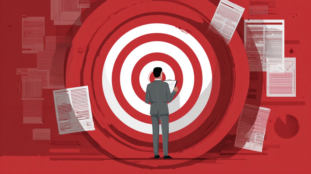 Ilustracija osobe u odelu koja stoji ispred velikog crveno-belog mete kruga, držeći dokumente, što simbolizuje preciznost i fokus na ciljni sadržaj pri izboru domena