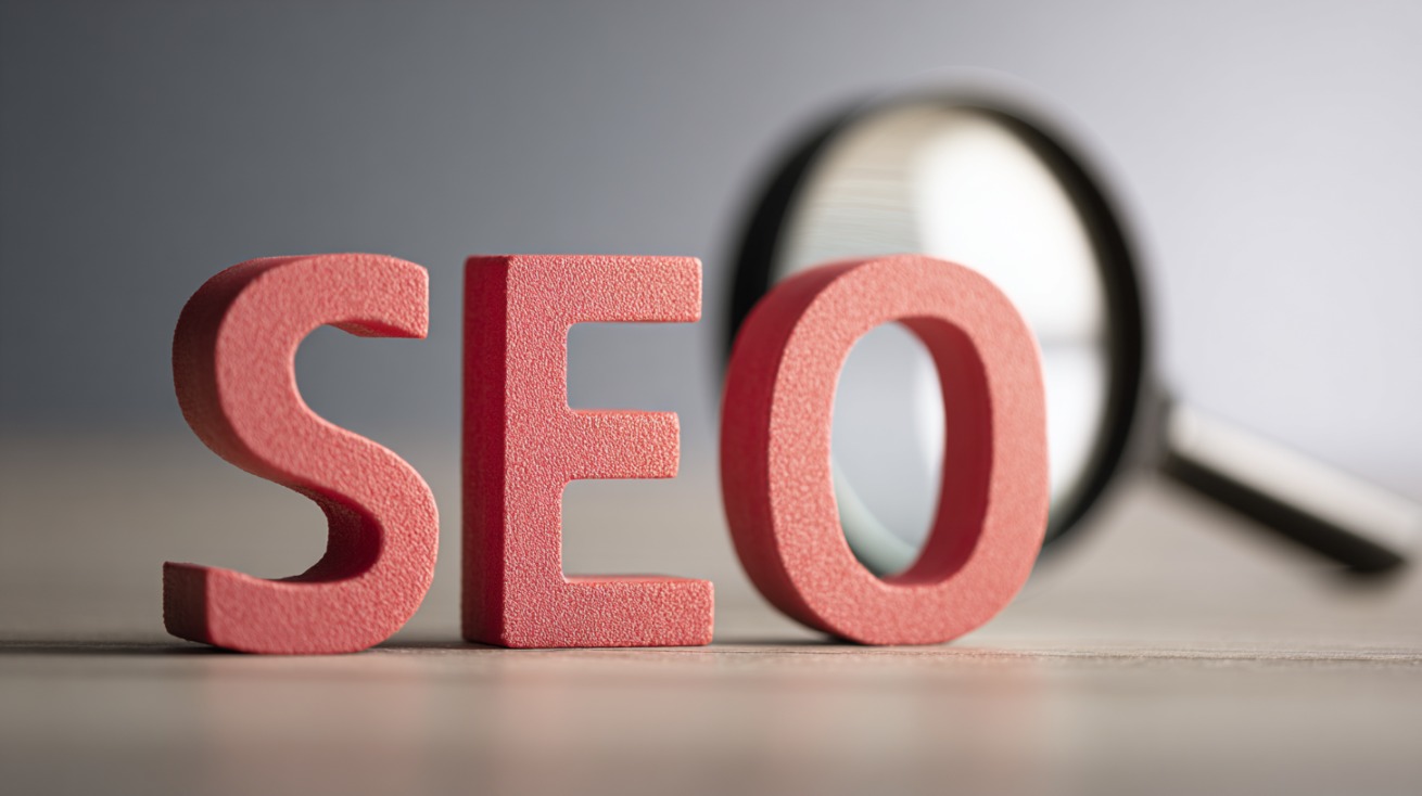 Fotografija roze slova „SEO” postavljenih na stolu, sa lupom u pozadini, simbolizujući optimizaciju pretrage i digitalnu vidljivost