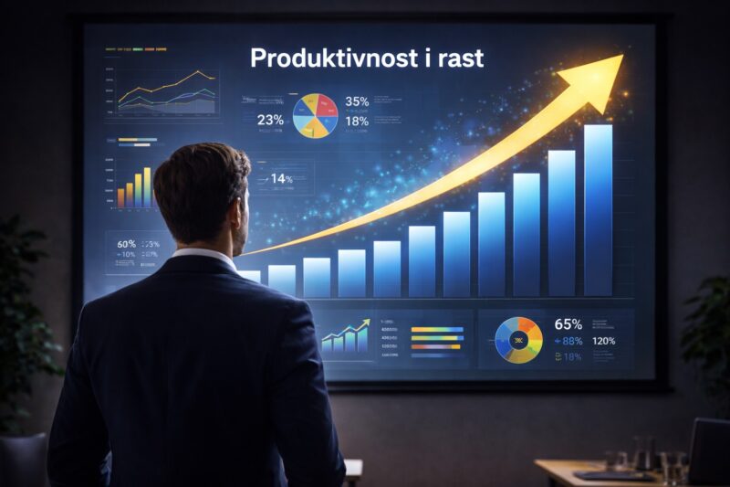 Muškarac u odelu gleda projekciju grafikona rasta i poslovnih performansi u tamnom prostoru