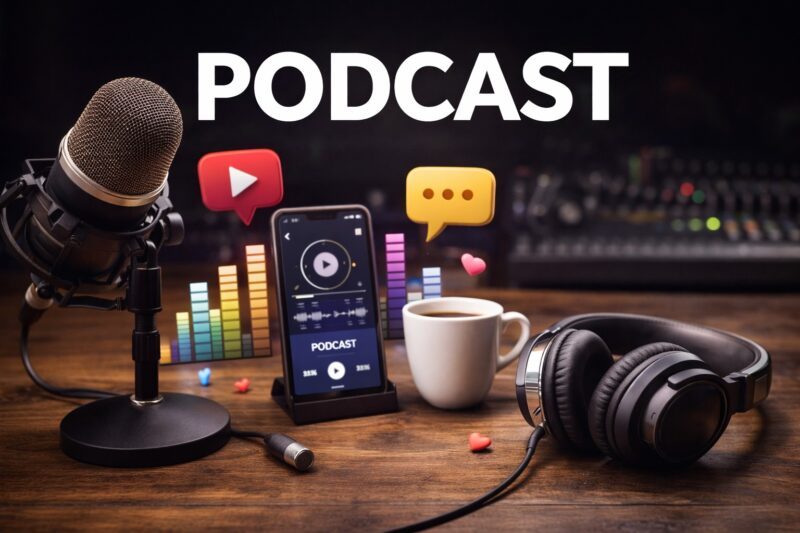 Mikrofon, slušalice i pametni telefon sa podcast aplikacijom u studijskom okruženju